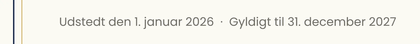 Udsnit af beviset: Udstedt den 1. januar 2026 · Gyldigt til 31. december 2027.