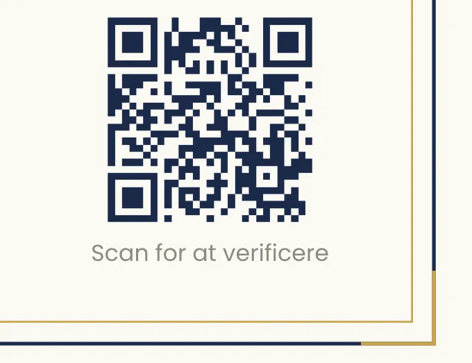Udsnit af beviset: QR-koden i nederste højre hjørne med teksten Scan for at verificere.